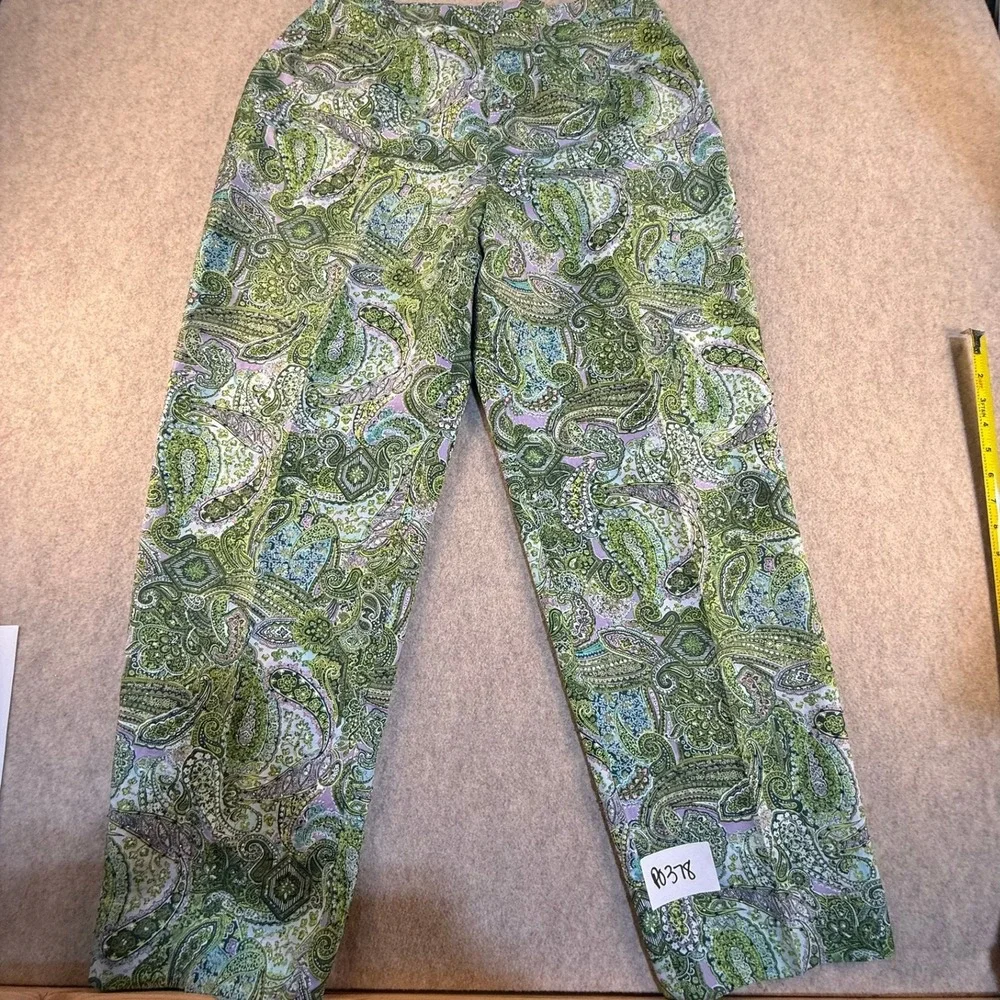 Adrianna Papell 100% Silk Paisley Beaded Pants Green Purple Size 14 Straight Leg